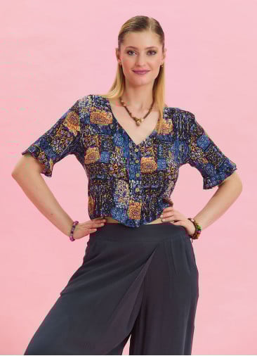 V Neck Lace Back Detail Buttoned Bohemian Blouse 4636